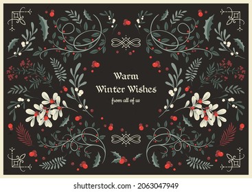 Vector template of vintage Christmas greeting card. Winter foliage composition with delicate botanical decor and inscription. Warm winter wishes