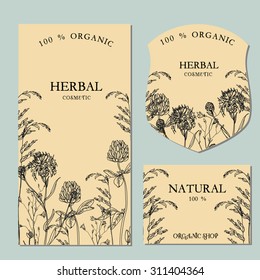Vector template vintage floral label with hand-draw wild flowers and herbs. Layout, mockup design for cosmetics, store, beauty salon, natural and organic products