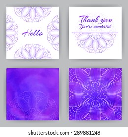 Vector template with violet lotus. Set of square cards with watercolor elements for your design. Hello. Thank you.