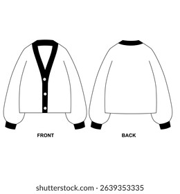 Vector template of voluminous three button cardigan, front and back view. Sketch of basic cardigan with V shaped neckline on chest.