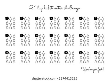 Vector template of water tracker. 21 days habit water challenge. Doodle printable planner dor helthy style of life, drinking water. Praise yourself