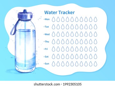 Vector template of water tracker with watercolor illustration of glass sport bottle.