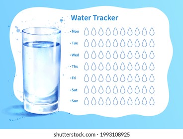 Vector template of water tracker with watercolor illustration of glass of water.