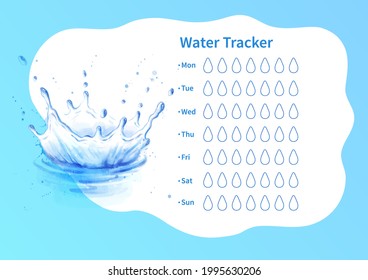 Vector template of water tracker with watercolor illustration of water splash crown.