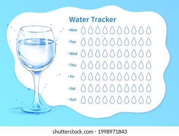 Vector template of water tracker with watercolor illustration of goblet with water.