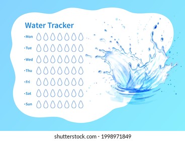 Vector template of water tracker with watercolor illustration of water splash crown.