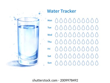 Vector template of water tracker with watercolor illustration of glass of water.