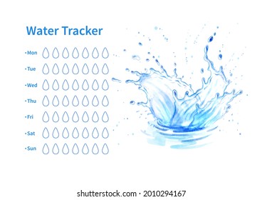 Vector template of water tracker with watercolor illustration of water splash crown.