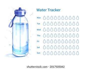 Vector template of water tracker with watercolor illustration of glass sport bottle.