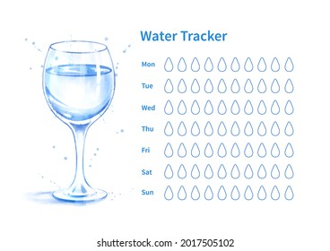 Vector template of water tracker with watercolor illustration of goblet with water.