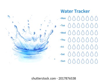 Vector template of water tracker with watercolor illustration of water splash crown.