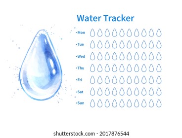 Vector template of water tracker with watercolor illustration of water drop.