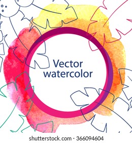 Vector template with watercolor background and palm leaves.
Beautiful invitation, banner, web site, card, advertising. Packaging, box. Vintage party style.