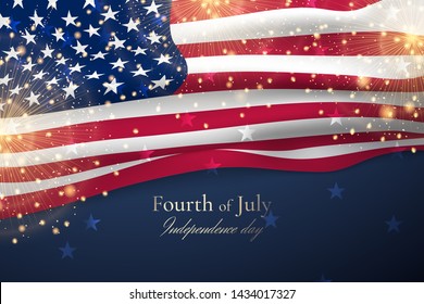 Vector template with waving american flag and gold fireworks for banners of Independence day. Festive dark background with close-up of flag of United States for greeting posters or flyer for July 4th.