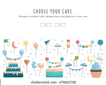 Vector template for web, app on the theme party the image of cakes, cupcakes, and decorations, toppers. Vector banner with place for text