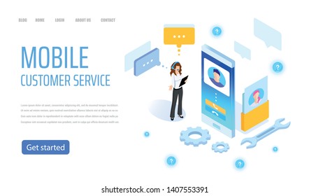 Vector template for website and app. Customer, client care and support. Helpline numder. Personal user service and relationship. Isometric illustration concept for your landing page, banner.