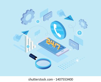 Vector template for website and app. Customer, client care and support. Helpline numder. Personal user service and relationship. Isometric illustration concept for your landing page, banner.