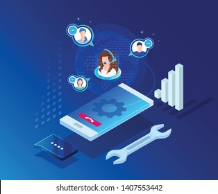 Vector template for website and app. Customer, client care and support. Helpline numder. Personal user service and relationship. Isometric illustration concept for your landing page, banner.