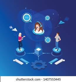 Vector template for website and app. Customer, client care and support. Helpline numder. Personal user service and relationship. Isometric illustration concept for your landing page, banner.