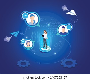 Vector template for website and app. Customer, client care and support. Helpline numder. Personal user service and relationship. Isometric illustration concept for your landing page, banner.