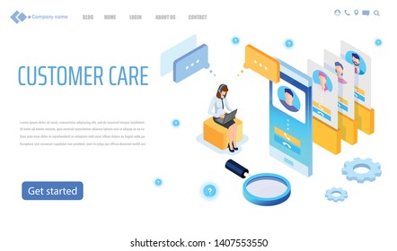 Vector template for website and app. Customer, client care and support. Helpline numder. Personal user service and relationship. Isometric illustration concept for your landing page, banner.