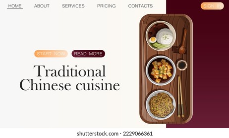 Diseño del sitio web de plantillas de vectores. Ilustración de fideos de comida chinos, Dim Sum Baozi, Mapo Tofu y espacio fotográfico aislado en rojo oscuro. Promoción, portada, banner, concepto de afiches.