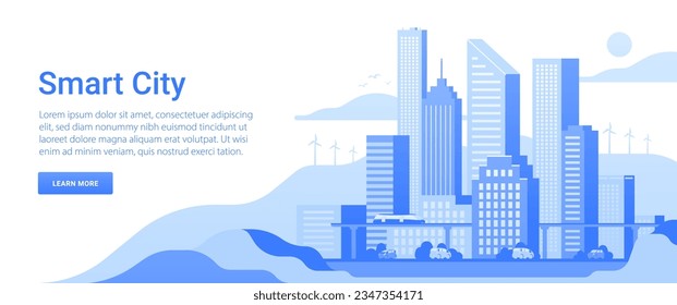 Vector template of website homepage or banner in shades of blue. City road landscape with public transportation and street traffic. Skyline background with office buildings.