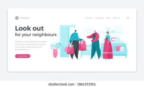 Vector template of website saying to Look out for your neighbours and helping with first needs during outbreak of COVID 19