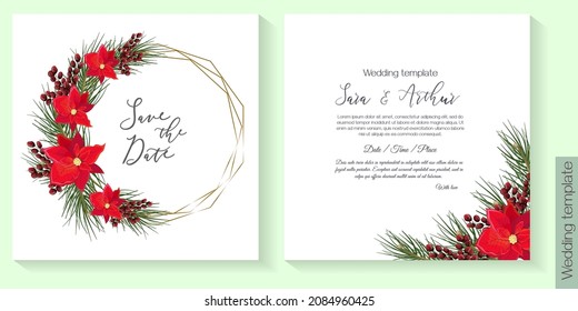 Plantilla de vectores para la boda o la invitación de fiesta de Navidad. Diseño de Año Nuevo. Marco dorado, ramas de abeto, flores de poinsettia, bayas rojas.