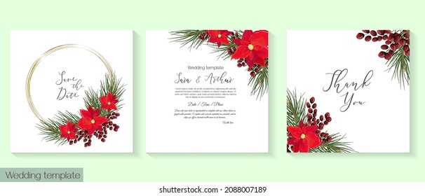 Vector template for wedding or Christmas party invitation. New Year's design. Gold frame, spruce branches, poinsettia flowers, red berries.