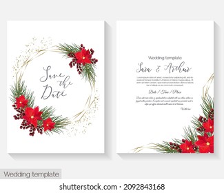 Vector template for wedding or Christmas party invitation. New Year's design. Gold frame, spruce branches, poinsettia flowers, red berries.