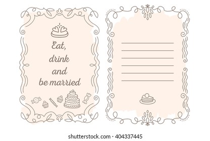 Vector template of wedding greetings with lace frame with inscription and sweets of peach color on white background. Line art design to make a poster, greeting card, postcard, paper print