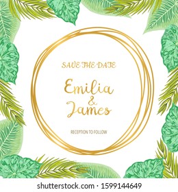 Vector template for wedding invintation with areca palm and tropic leaves.