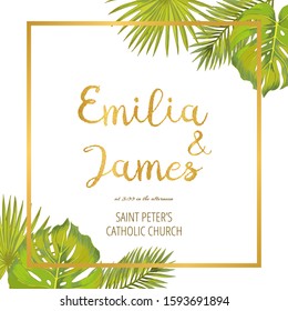 Vector template for wedding invintation with  fan palm, fhilodendron, areca palm.