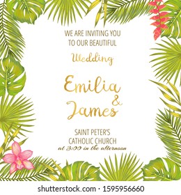 Vector template for wedding invintation with  fan palm, fhilodendron, areca palm, bamboo leaves, heliconia flower orchid flower.