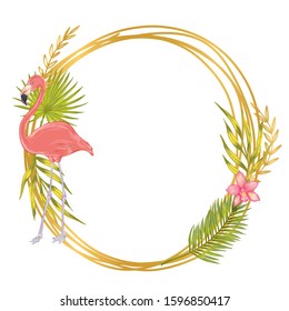Vector template for wedding invintation with illustration of pink flamingo bird with pink orchid flower, fan palm, bamboo leaves, areca palm.