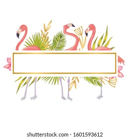 Vector template for wedding invintation with illustration of pink flamingo bird with pink orchid flower, fan palm, areca palm.