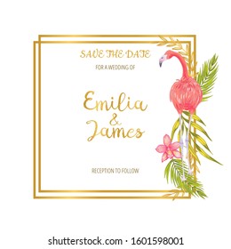 Vector template for wedding invintation with illustration of pink flamingo bird with pink orchid flower, bamboo leaves, areca palm.