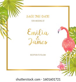 Vector template for wedding invintation with illustration of pink flamingo bird with pink orchid flower, fan palm, philodendron, bamboo leaves, areca palm.