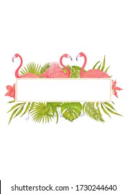 Vector template for wedding invintation with illustration of pink flamingo bird with pink orchid flower, fan palm, areca palm, bamboo leaves.