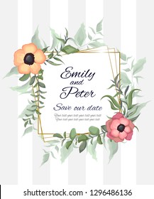 Vector template for wedding invitation. Anemone flowers, Golden square frame, green leaves. All elements are isolated. 