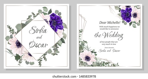 Vector template for a wedding invitation. Beautiful blue and white anemones, green plants and flowers.