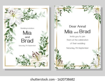 Vector template for a wedding invitation. Beautiful white lilies, green plants. Elegant wedding design.