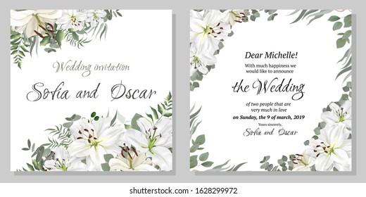 Vector template for a wedding invitation. Beautiful white lilies, green plants, berries, eucalyptus. Elegant wedding design.