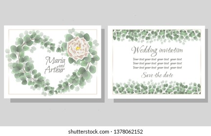 Vector template for wedding invitation. Beige rose, green leaves. Template for postcards. Frame for wedding design. All elements are isolated.
