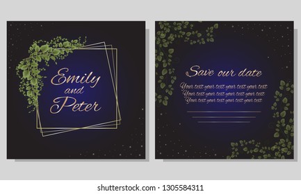 Vector template for wedding invitation. Black background, gold sequins, green leaves, gold geometric frame. All elements are isolated.