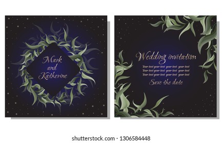 Vector template for wedding invitation. Black background, green leaves, geometric frame. All elements are isolated.