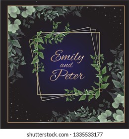 Vector template for wedding invitation. Black background, gold sequins, green leaves, gold geometric frame. All elements are isolated.