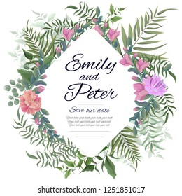 Vector template for wedding invitation. Wedding card. Green branches, green berries, leaves, Peony flowers, roses, freesia. All elements are isolated.