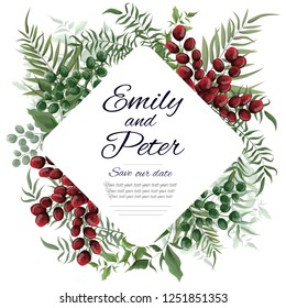 Vector template for wedding invitation. Wedding card. Green branches, green berries, leaves, red berry. All elements are isolated.